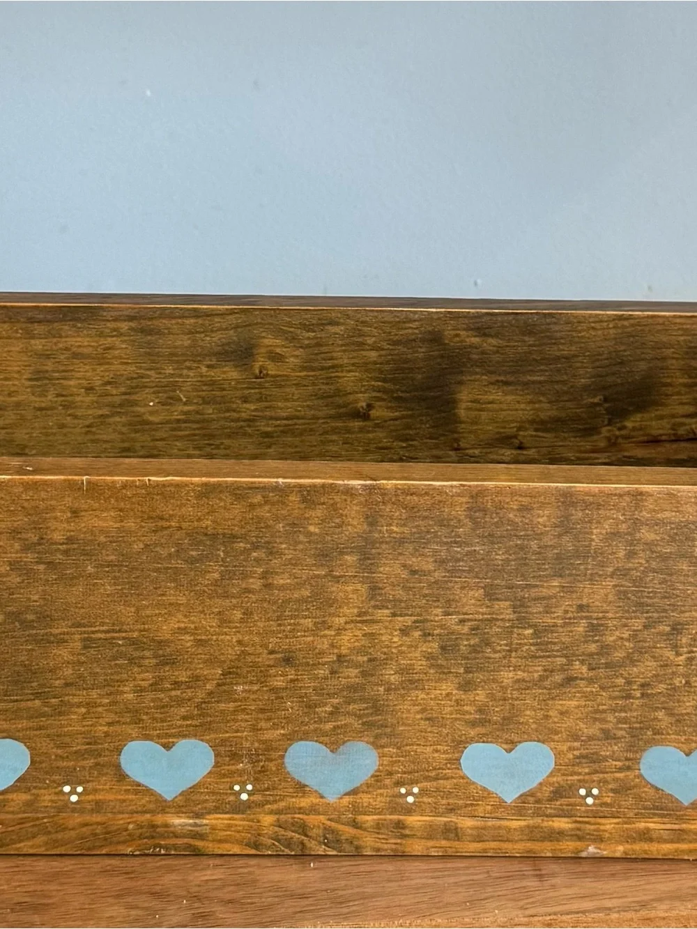Rustic Wooden Storage Box with Blue Heart Trim